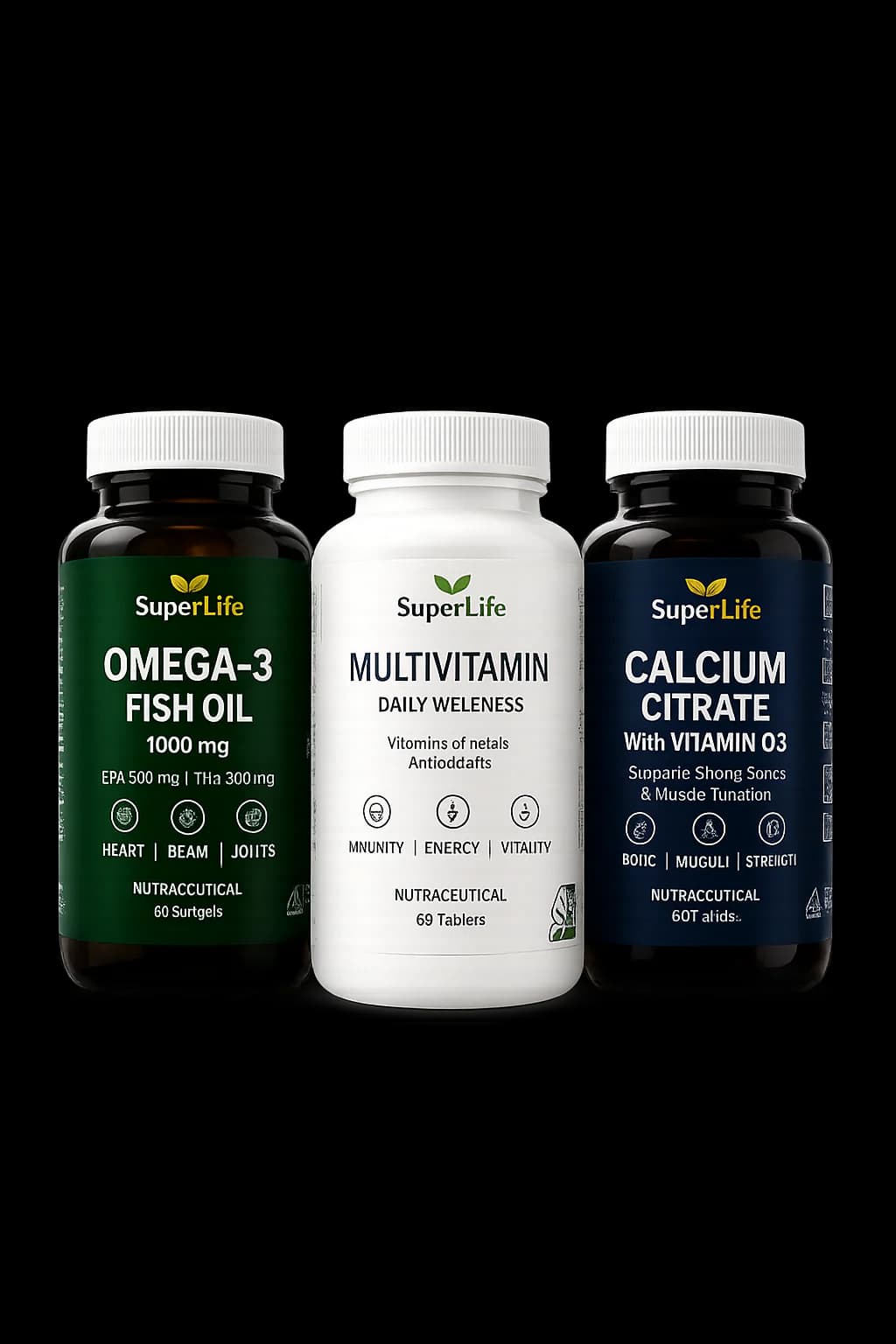 SuperLife Omega-3, Multivitamin and Calcium Citrate supplement bottles